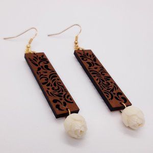 Carved Cutout | Wood | Dangle | Drop Earrings | Boho | Ethnic | Bodhi Lotus
